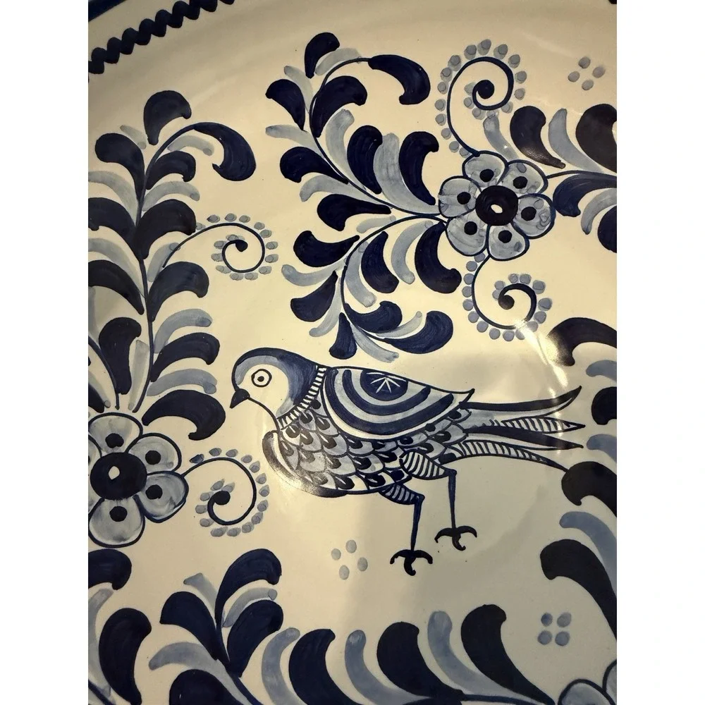 Vintage Ceramica De La Cal Spain Blue White Bird Pottery Bowl 12